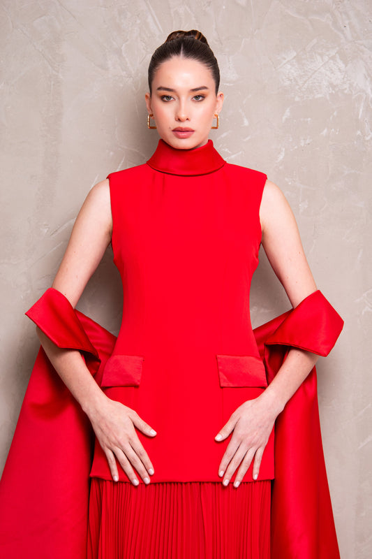 Pleated Long Red Dress