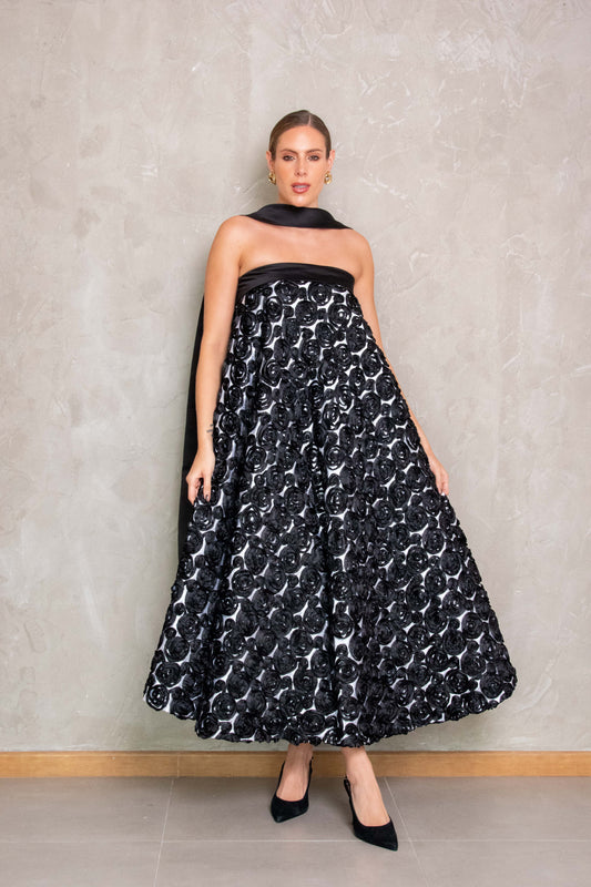 Midi Black & White Dress With Roses