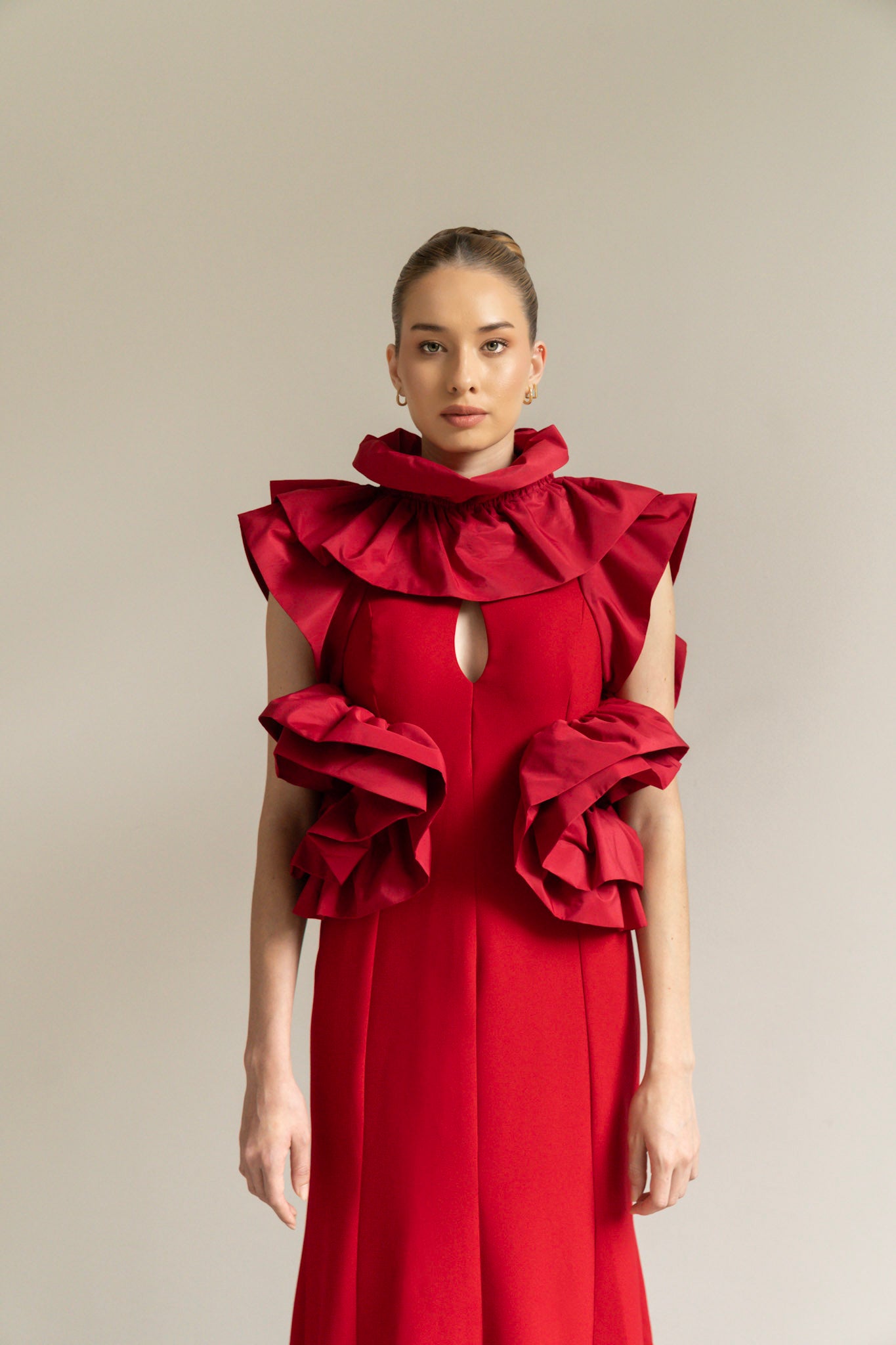 Red Ruffle-Front Maxi Dress