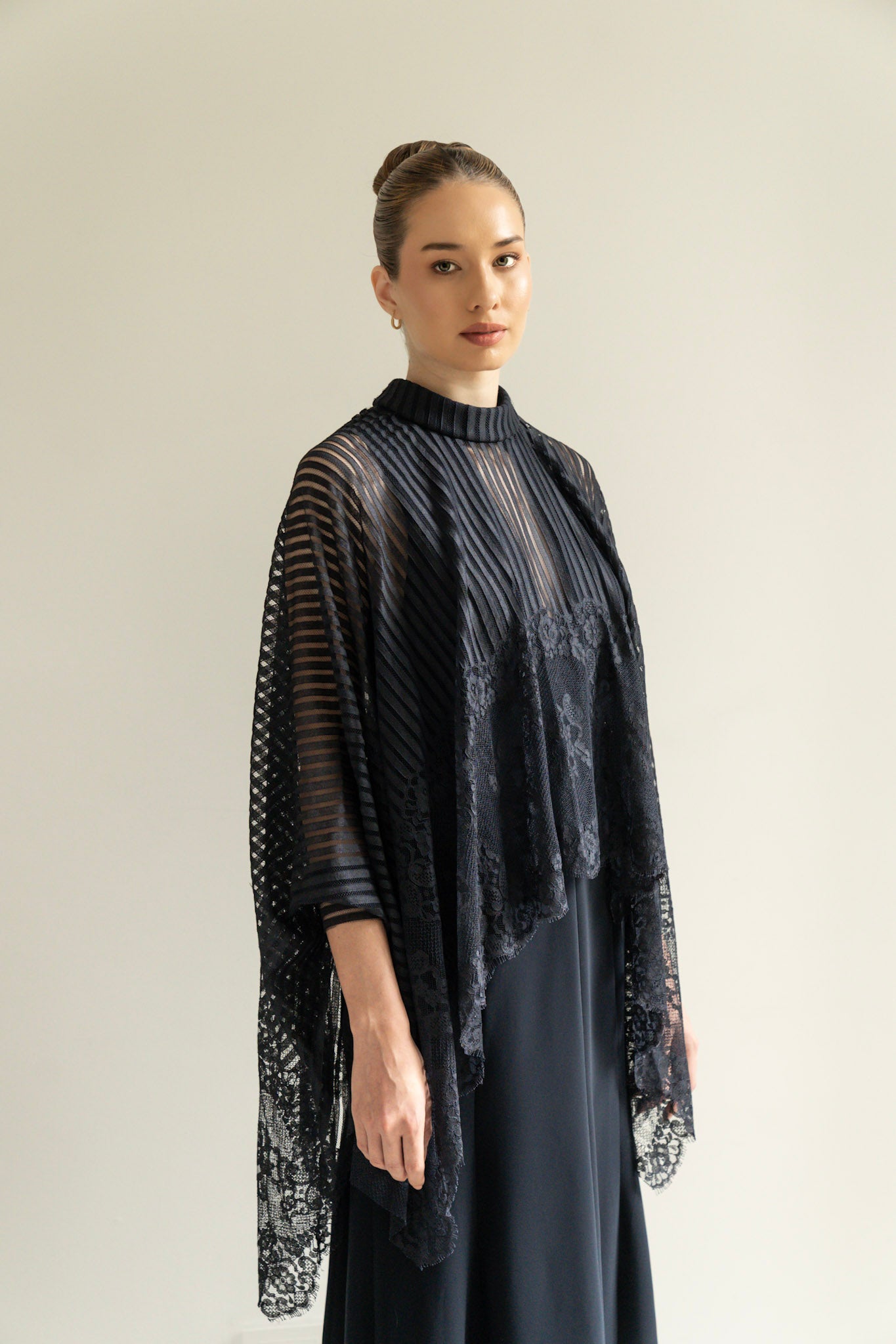 Midnight Blue Chantilly Cape Gown