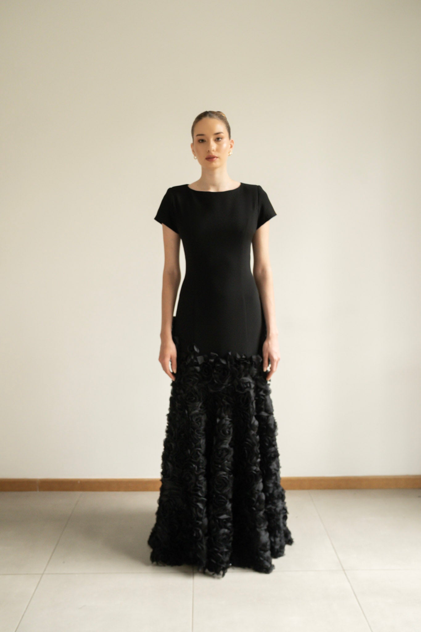 Black Spanish Crepe & Floral Tulle Gown