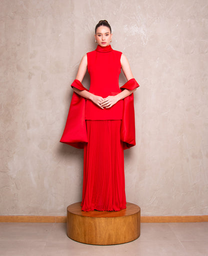 Pleated Long Red Dress