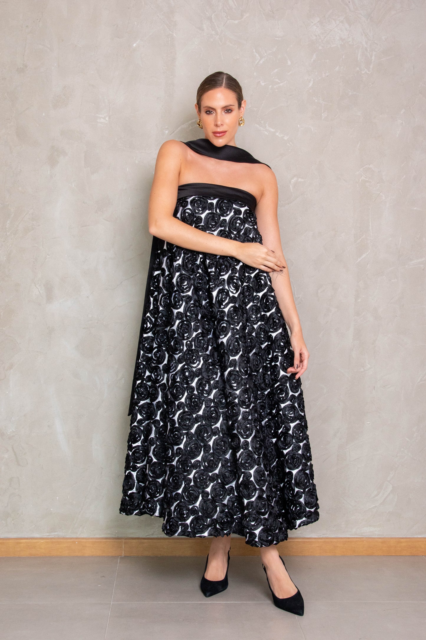 Midi Black & White Dress With Roses