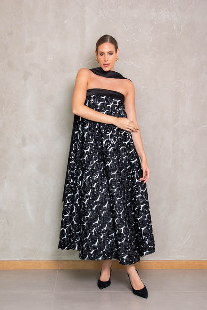 Midi Black & White Dress With Roses