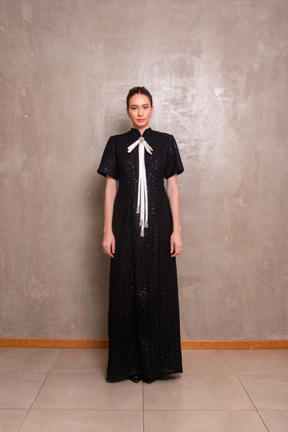 Black Sequin Column Gown with Contrast White Bow Tie