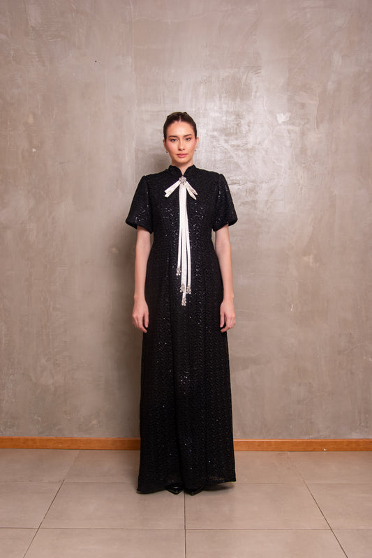 Black Sequin Column Gown with Contrast White Bow Tie