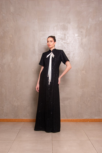 Black Sequin Column Gown with Contrast White Bow Tie