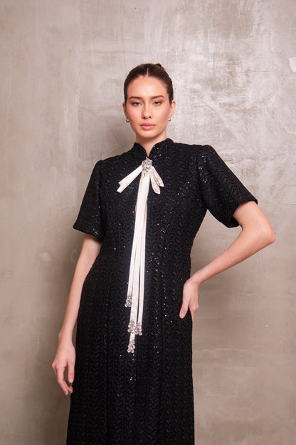 Black Sequin Column Gown with Contrast White Bow Tie