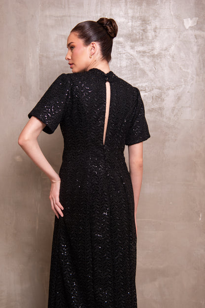 Black Sequin Column Gown with Contrast White Bow Tie