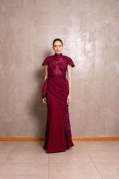 Burgundy Mock-Neck Gown with Sculptural Draped Sash