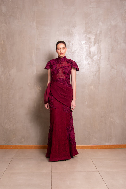Burgundy Mock-Neck Gown with Sculptural Draped Sash