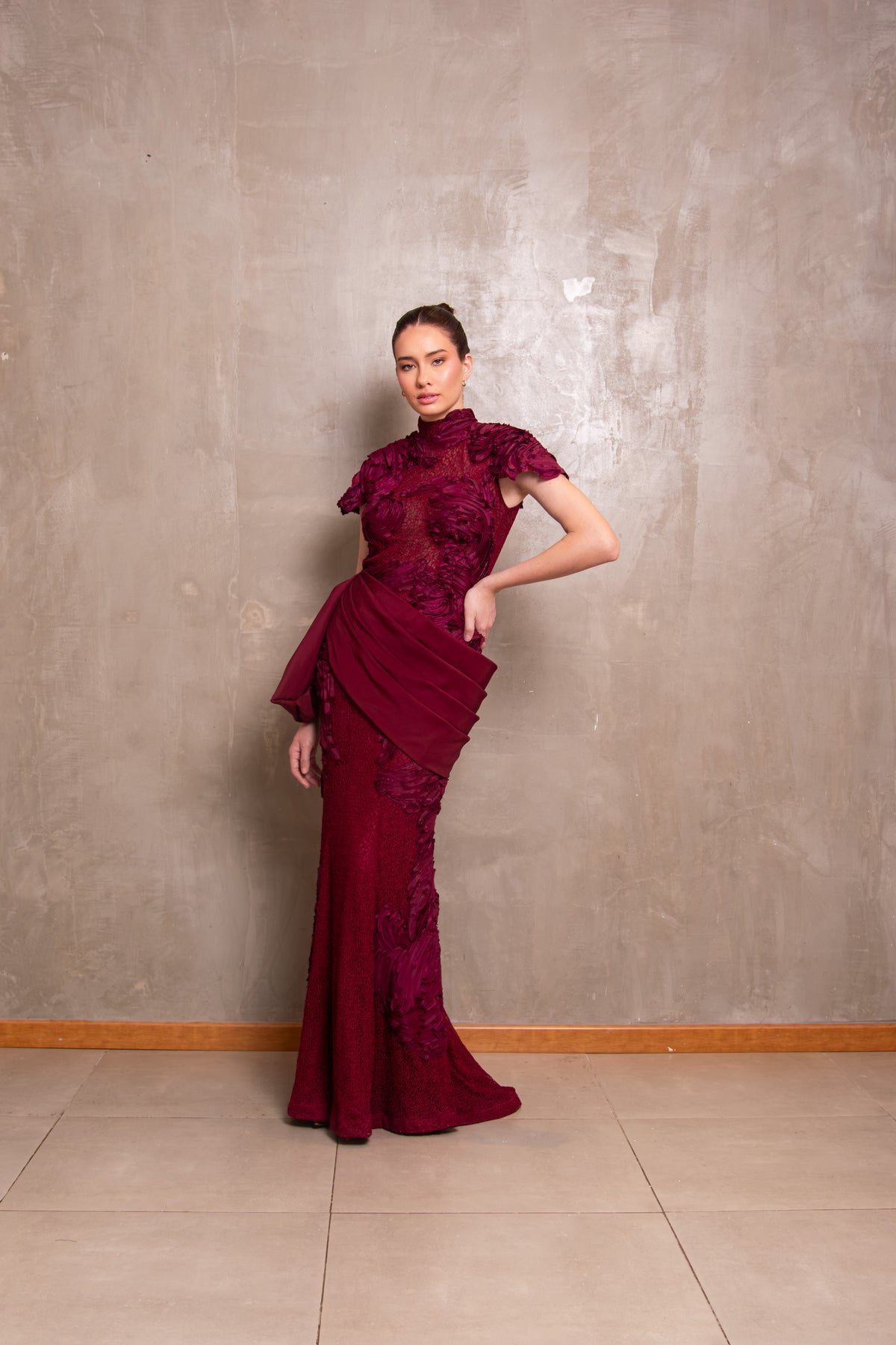 Burgundy Mock-Neck Gown with Sculptural Draped Sash