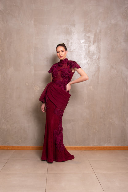 Burgundy Mock-Neck Gown with Sculptural Draped Sash