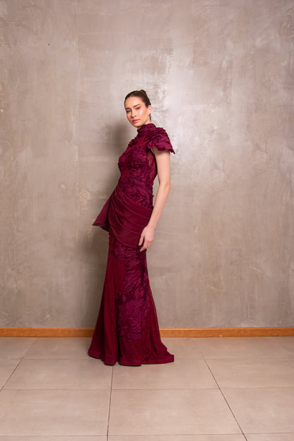 Burgundy Mock-Neck Gown with Sculptural Draped Sash