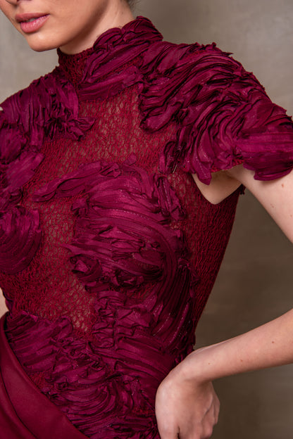 Burgundy Mock-Neck Gown with Sculptural Draped Sash