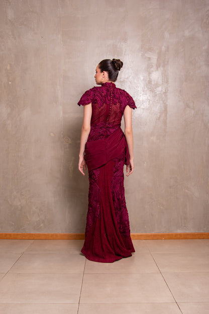 Burgundy Mock-Neck Gown with Sculptural Draped Sash