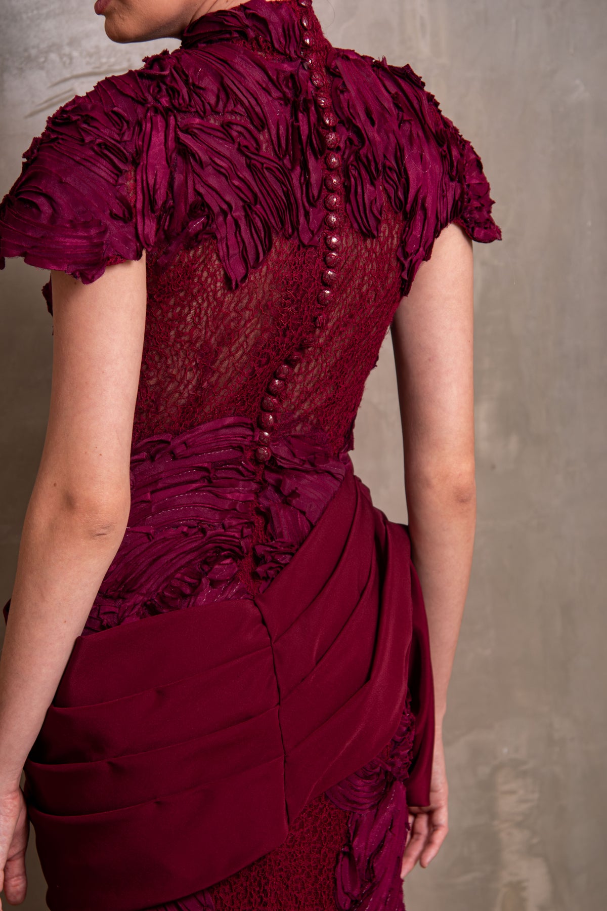 Burgundy Mock-Neck Gown with Sculptural Draped Sash