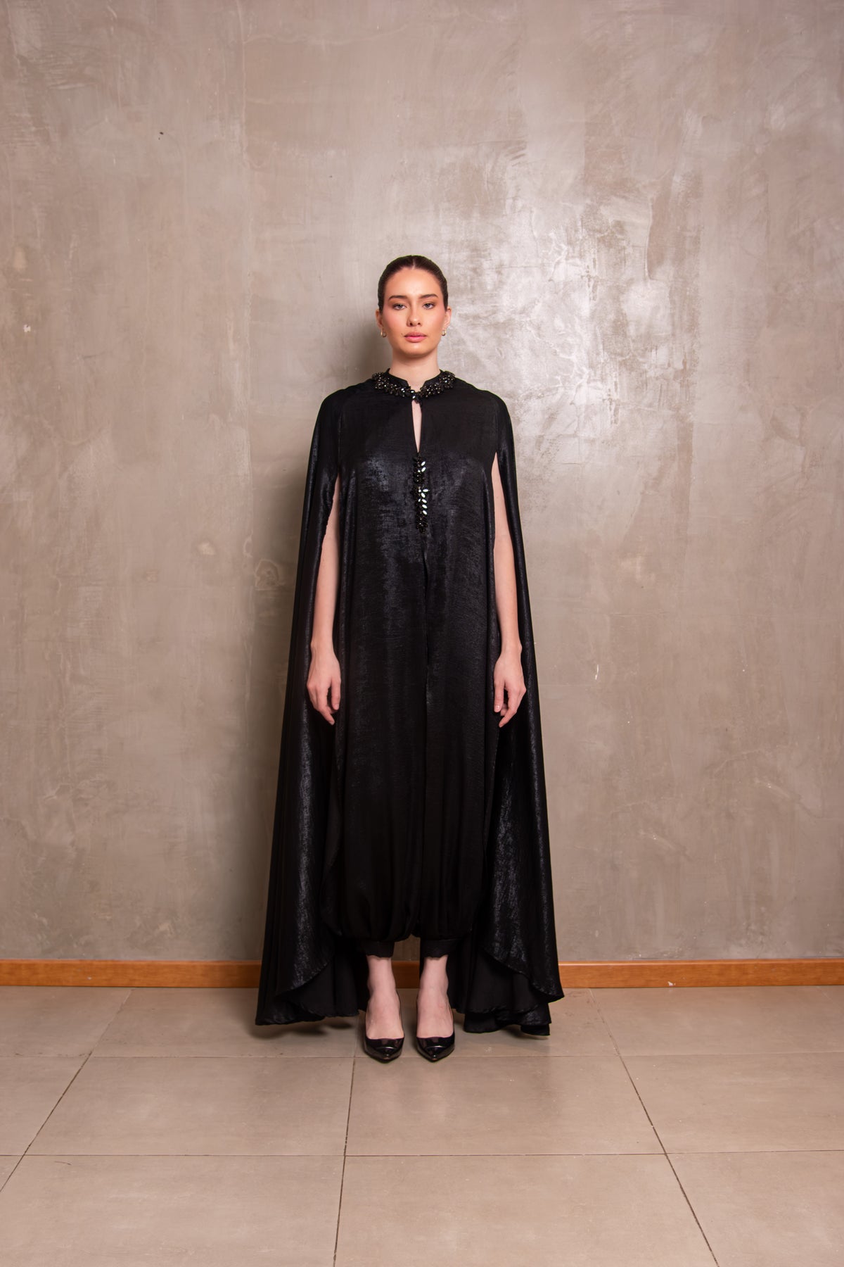 Black Embellished Cape-Detail Jumpsuit with Voluminous Trousers