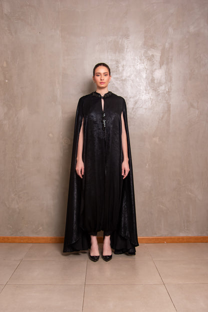 Black Embellished Cape-Detail Jumpsuit with Voluminous Trousers