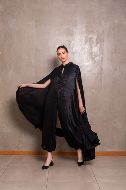 Black Embellished Cape-Detail Jumpsuit with Voluminous Trousers
