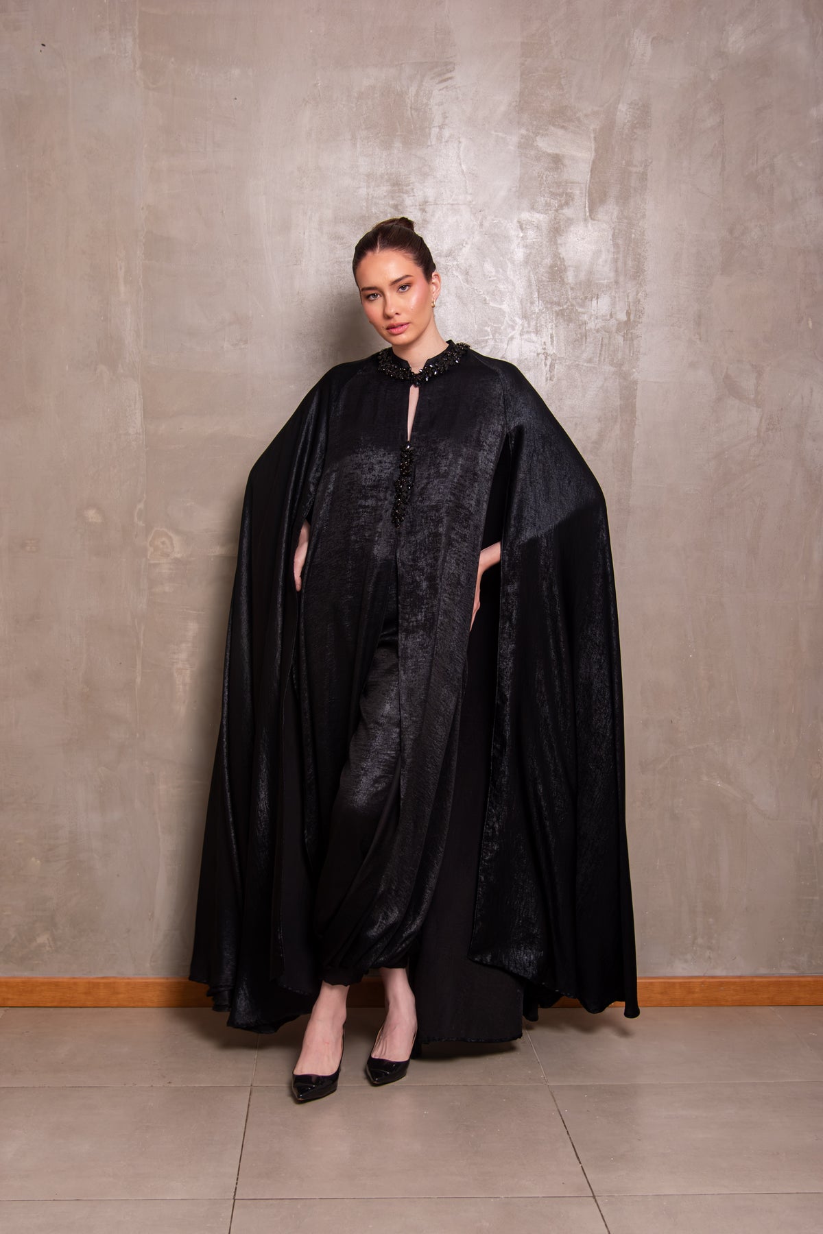 Black Embellished Cape-Detail Jumpsuit with Voluminous Trousers