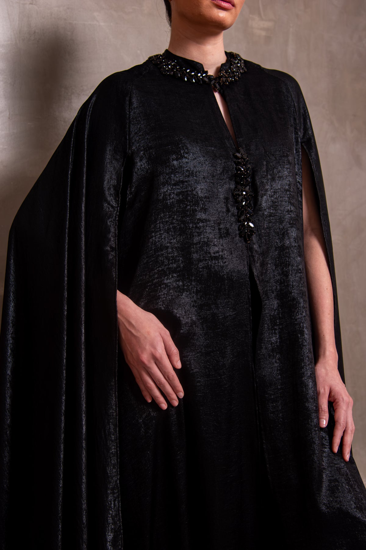 Black Embellished Cape-Detail Jumpsuit with Voluminous Trousers