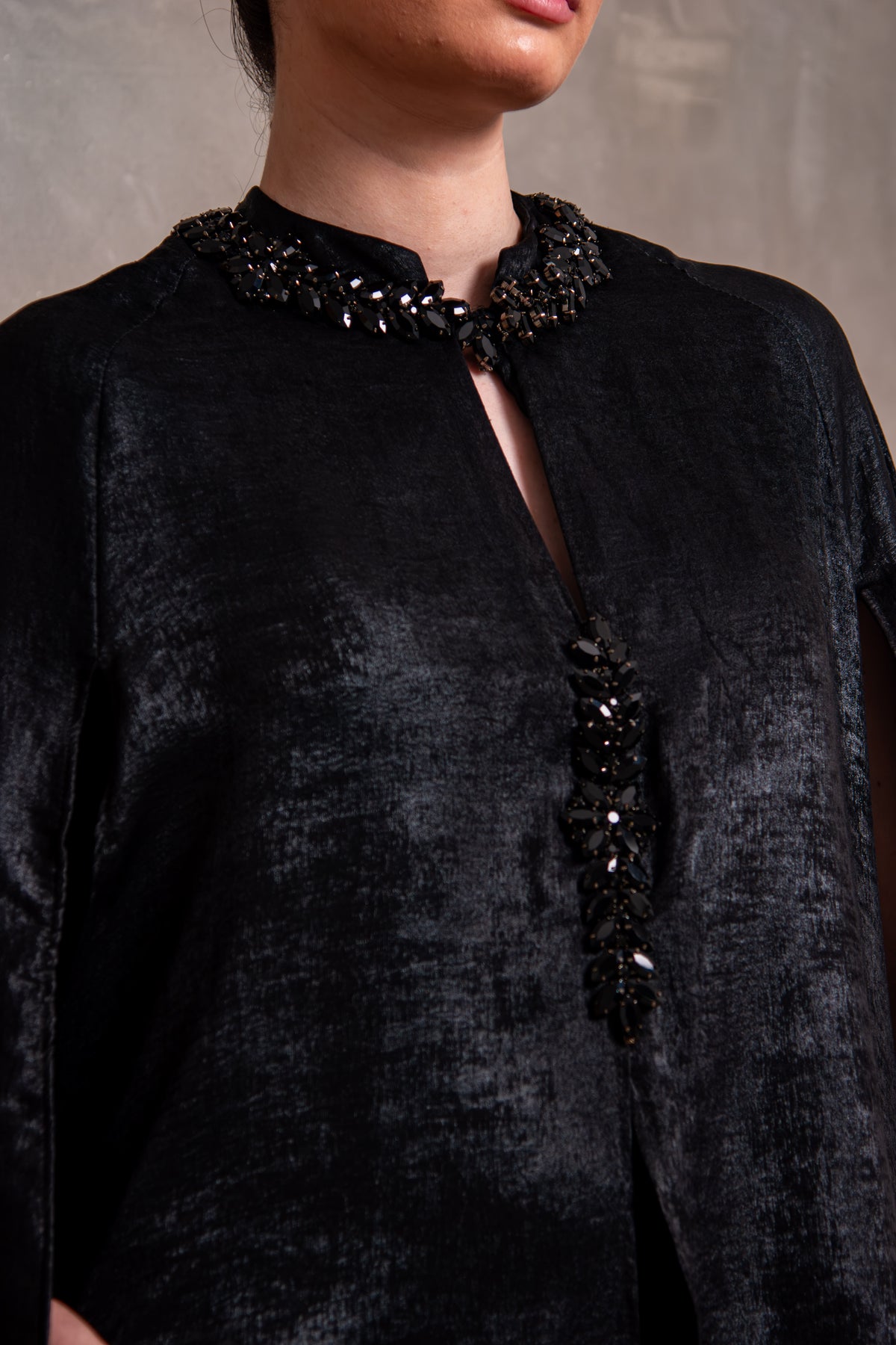 Black Embellished Cape-Detail Jumpsuit with Voluminous Trousers