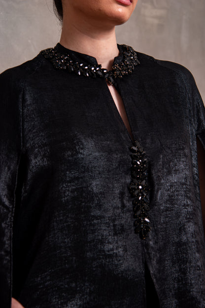 Black Embellished Cape-Detail Jumpsuit with Voluminous Trousers