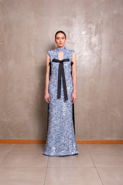 Glacier Blue Sequin Column Gown with Black Bows