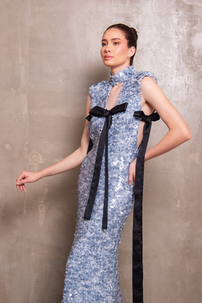 Glacier Blue Sequin Column Gown with Black Bows