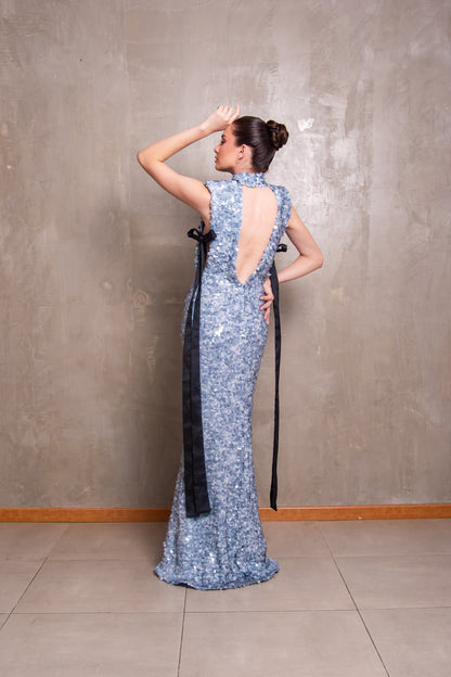 Glacier Blue Sequin Column Gown with Black Bows