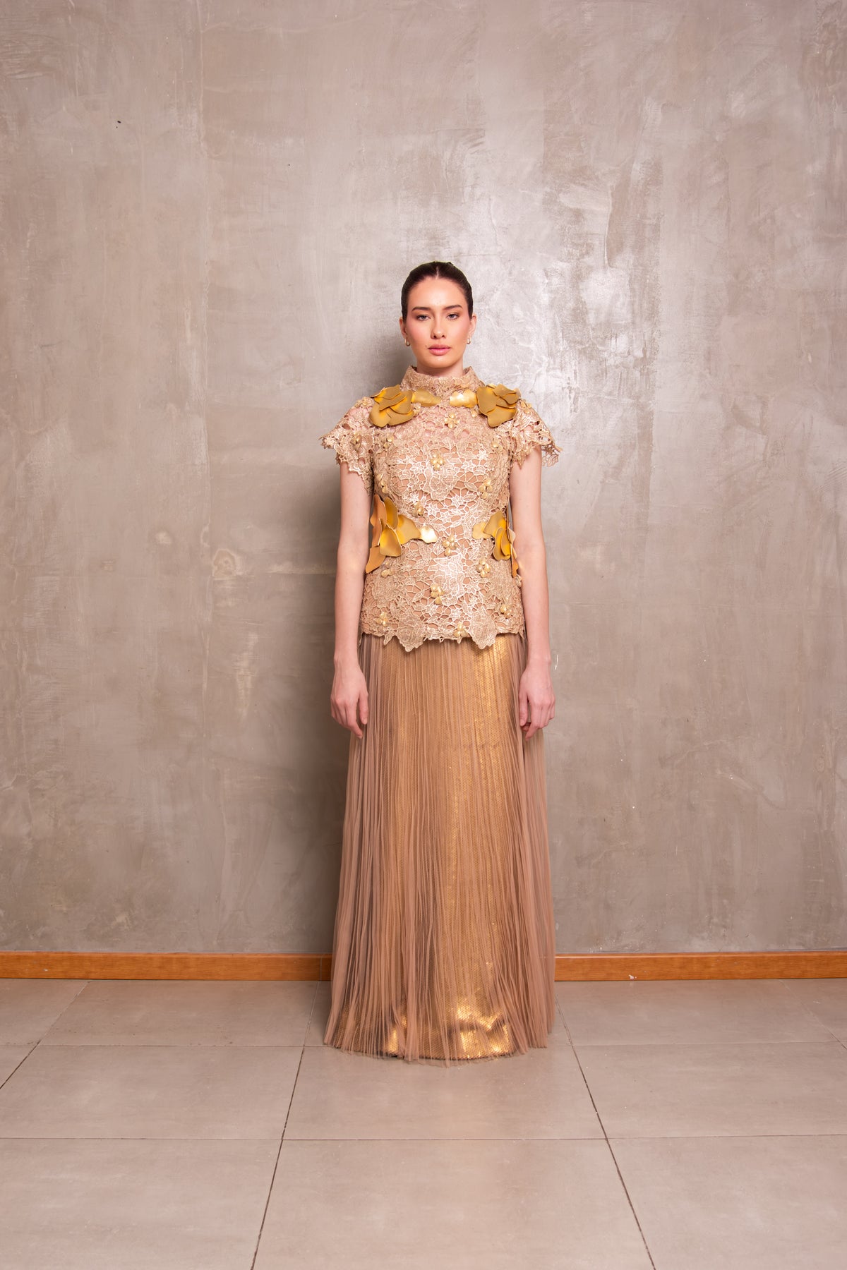 Golden Elegance Lace and Tulle Two-Piece Set