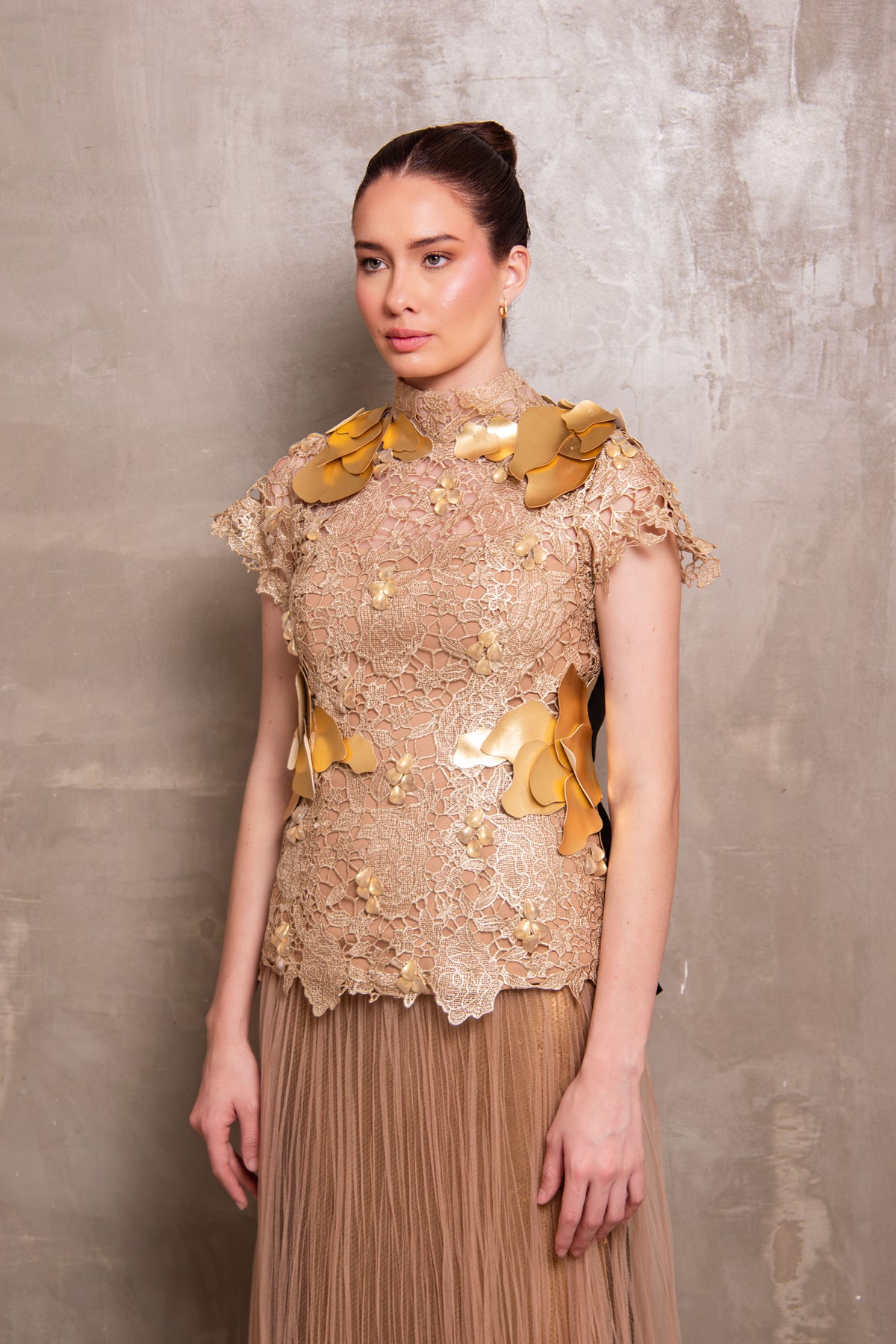 Golden Elegance Lace and Tulle Two-Piece Set