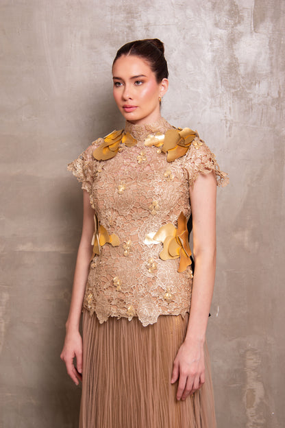 Golden Elegance Lace and Tulle Two-Piece Set