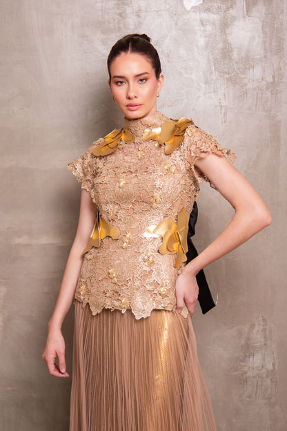 Golden Elegance Lace and Tulle Two-Piece Set