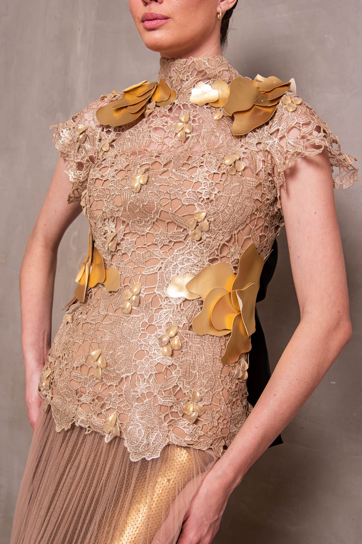 Golden Elegance Lace and Tulle Two-Piece Set
