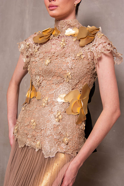 Golden Elegance Lace and Tulle Two-Piece Set