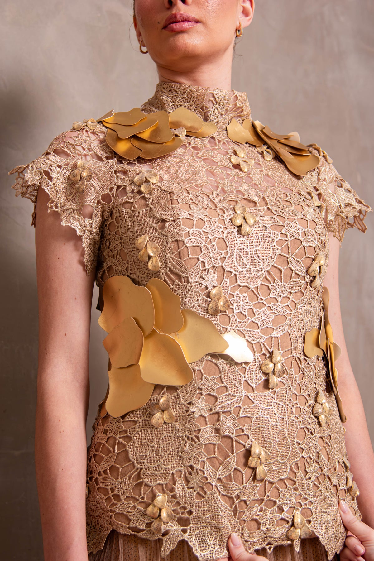 Golden Elegance Lace and Tulle Two-Piece Set