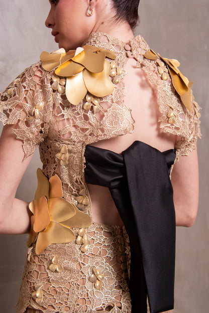 Golden Elegance Lace and Tulle Two-Piece Set