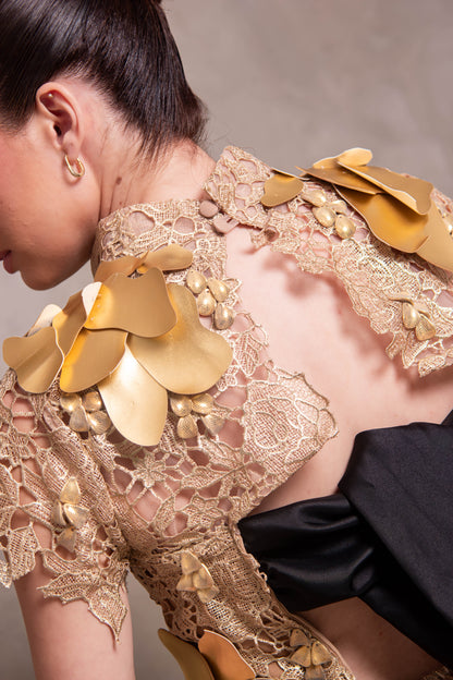 Golden Elegance Lace and Tulle Two-Piece Set