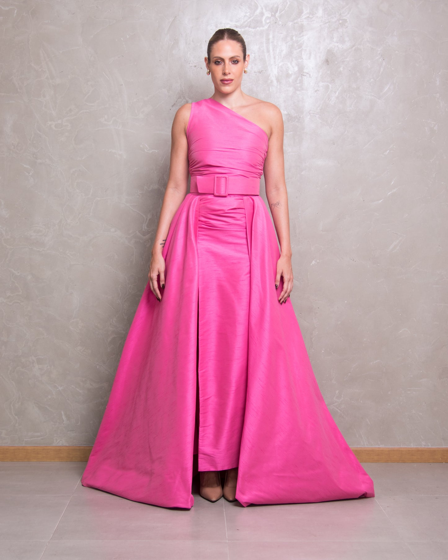 Pink long dress - one off shoulder