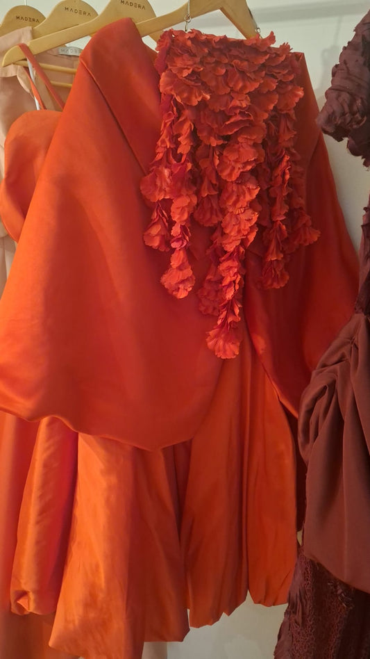Vibrant Red Cape Top, Skirt and Cascading Floral Bag Set