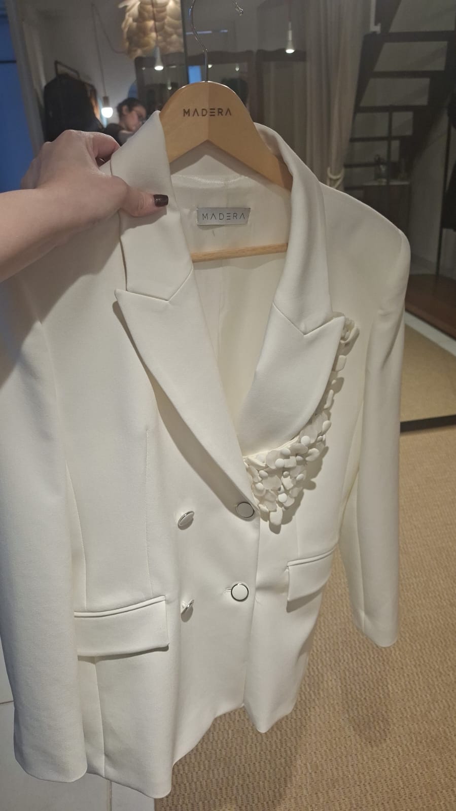 Ivory Double-Breasted Blazer with Textured Lapel Applique